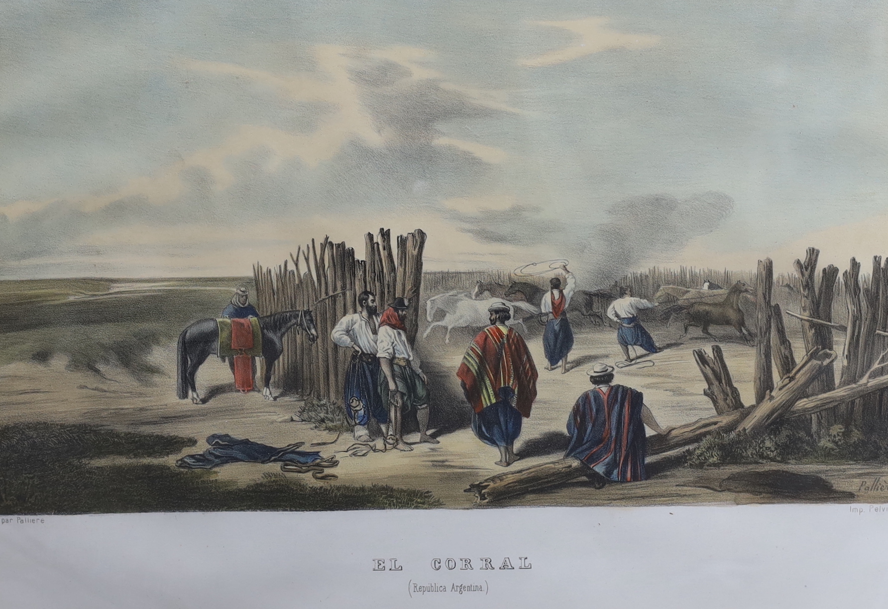 Pelvilain after Palliere, pair of coloured lithographs, 'El Asado' and 'El Corral' (Argentina) and two coloured engraved views of St Petersburg after Arnout, largest overall 29 x 34cm (4)